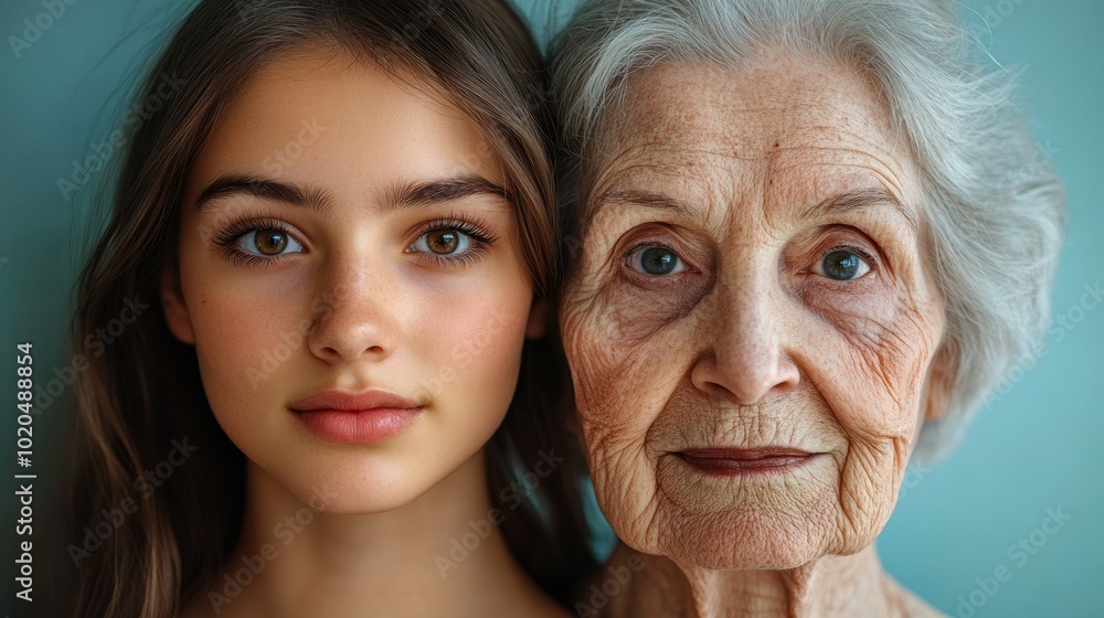 Close-up portrait showing young and elderly woman, side by side, symbolizing aging, life cycle, facial expressions, age contrast, beauty evolution, generational differences, human experience Close-up portrait showing young and elderly woman, side by side, symbolizing aging, life cycle, facial expressions, age contrast, beauty evolution, generational differences, human experience