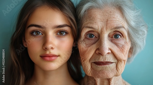 Close-up portrait showing young and elderly woman, side by side, symbolizing aging, life cycle, facial expressions, age contrast, beauty evolution, generational differences, human experience