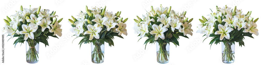 Fototapeta premium collection Set of A large bouquet of white lilies in a clear glass vase, against on a transparent background cutout, PNG file. Mockup template