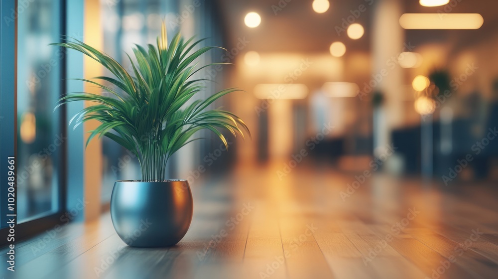 Fototapeta premium A potted plant is sitting on a wooden table. The plant is green and has a silver pot