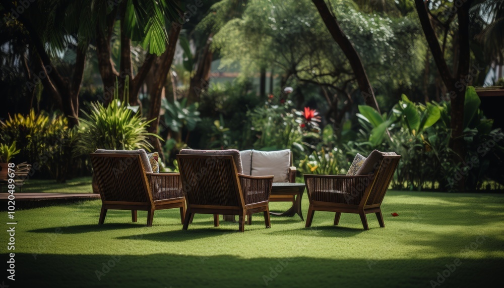 Stunningly designed backyard oasis featuring elegant outdoor furniture for relaxation Stunningly designed backyard oasis featuring elegant outdoor furniture for relaxation