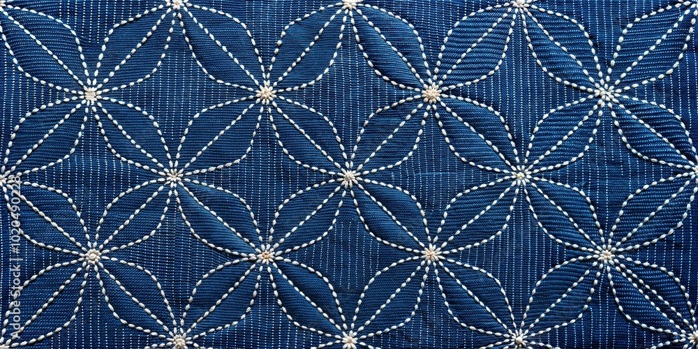 Intricate blue textile featuring floral patterns with detailed stitching showcased on a vibrant background Intricate blue textile featuring floral patterns with detailed stitching showcased on a vibrant background
