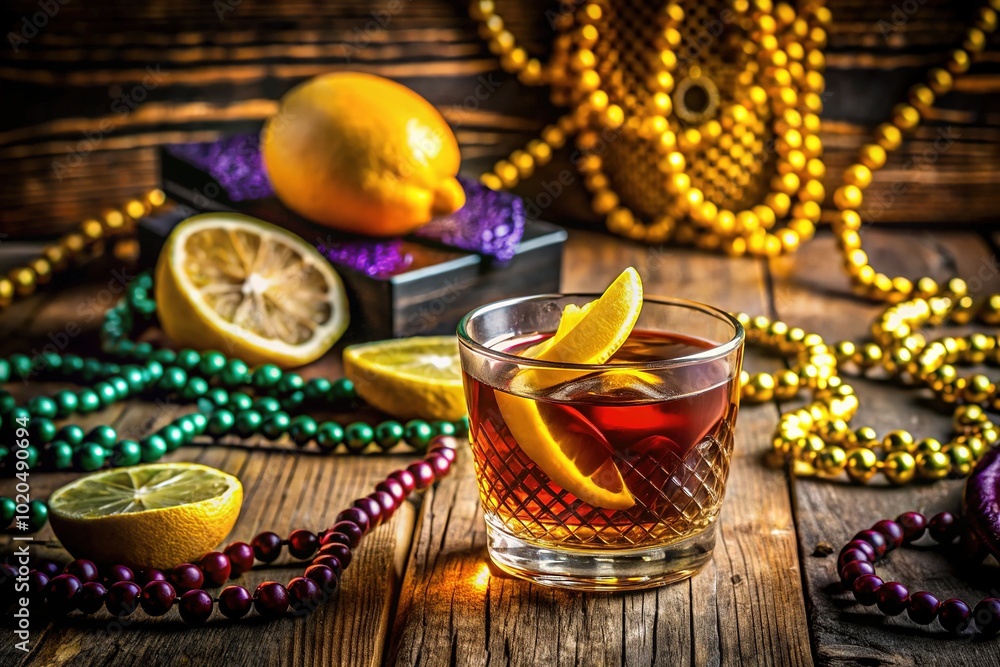 Sazerac Cocktail with Lemon Twist and Mardi Gras Decorations on Wooden Table Sazerac Cocktail with Lemon Twist and Mardi Gras Decorations on Wooden Table
