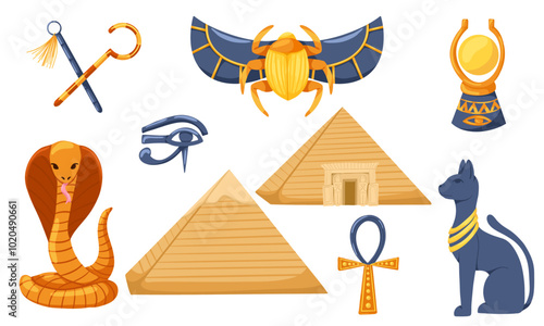 Cartoon Egypt elements. Set with pyramids, cat, cobra, scarab, egypt symbols, aten, eye of horus. Vector illustration for stickers, logo, print, web