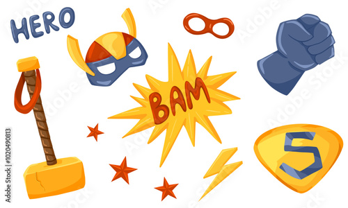 Cartoon superhero elements. Halloween stickers with a superman mask, hammer, shield, stars, fist, light, hero symbols vector set. Illustration of Halloween childish heroic prints