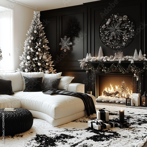 A contemporary living room adorned for Christmas, featuring black and white color scheme. elegant decor includes beautifully decorated Christmas tree, cozy fireplace, and stylish furnishings that crea photo