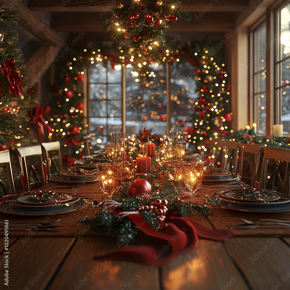 A beautifully decorated dining room with festive Christmas table setting, featuring sparkling lights, elegant tableware, and warm, inviting atmosphere. scene captures joy and warmth of holiday season A beautifully decorated dining room with festive Christmas table setting, featuring sparkling lights, elegant tableware, and warm, inviting atmosphere. scene captures joy and warmth of holiday season