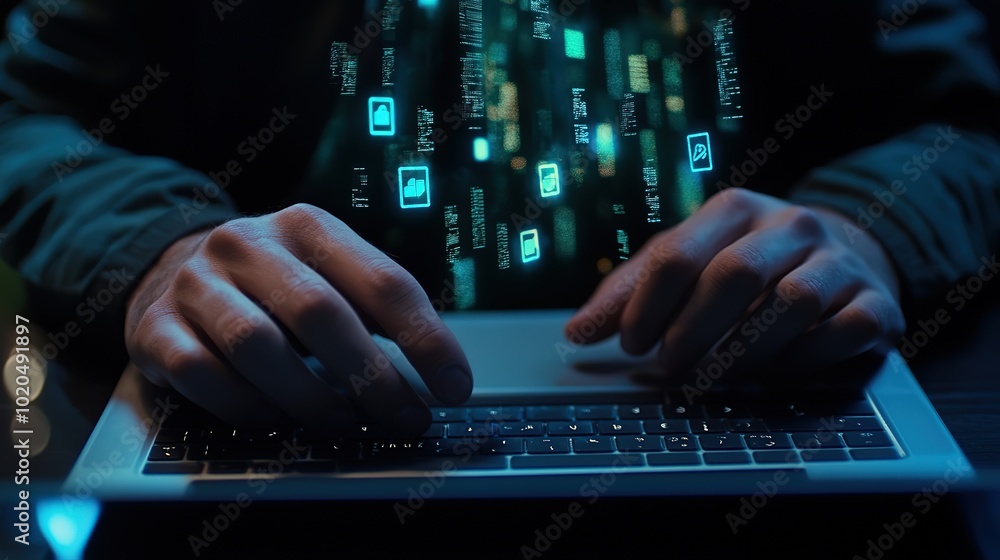 Hands typing on laptop with cybersecurity holograms on background Hands typing on laptop with cybersecurity holograms on background