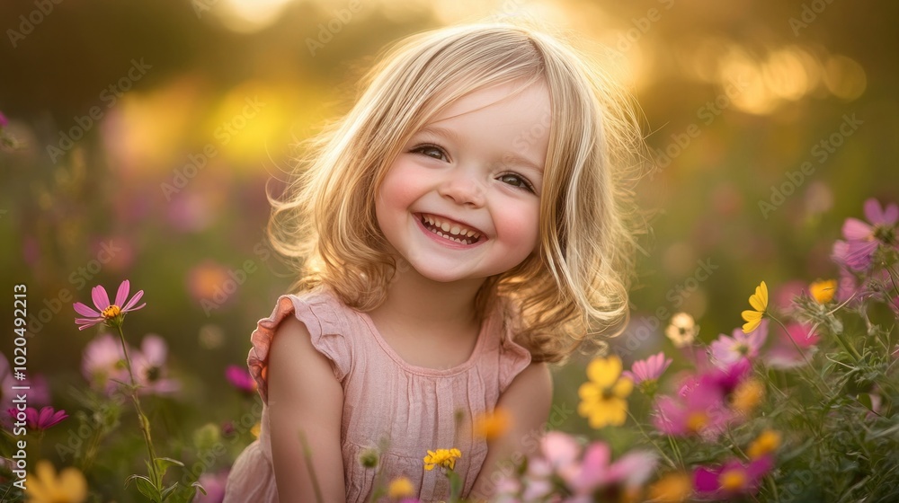 A Young Girl Smiles Brightly Amidst a Field of Flowers A Young Girl Smiles Brightly Amidst a Field of Flowers