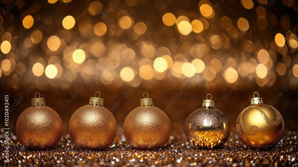 Golden Christmas baubles on a glittery background with room for festive text Golden Christmas baubles on a glittery background with room for festive text