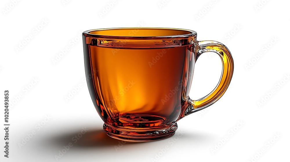 A clear glass mug filled with amber liquid, casting a shadow on a white background. A clear glass mug filled with amber liquid, casting a shadow on a white background.