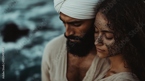 A soulful moment with a man wearing a turban and a woman with intricate face tattoos locked in an emotional embrace by the ocean, conveying serenity and unity. photo