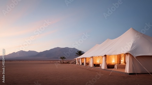 A luxurious desert tent illuminated from within, casting a warm and inviting glow against the backdrop of vast, arid desert landscapes, conveying solace and elegance.