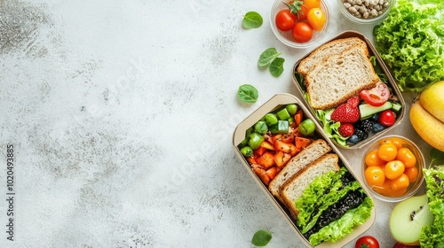 Healthy lunchbox filled with whole grain sandwiches, veggies, and fruit, laid out with space for writing text. Top view