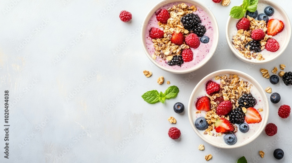 Healthy smoothie bowls for children, filled with berries, granola, and nuts, set against a clean background with copy space Healthy smoothie bowls for children, filled with berries, granola, and nuts, set against a clean background with copy space