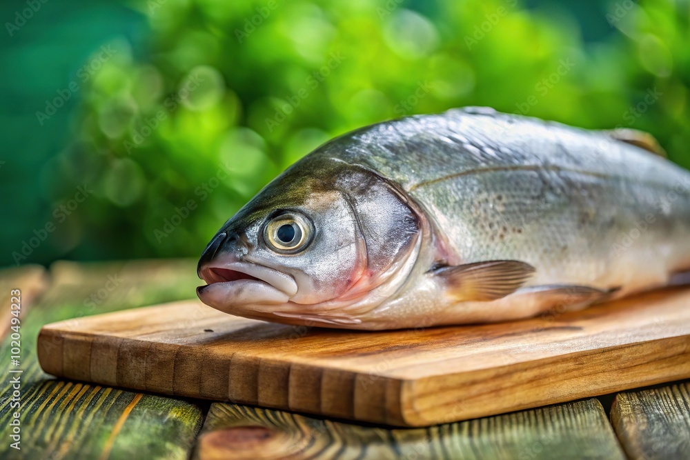fish on wooden cutting board on table with green background fish on wooden cutting board on table with green background