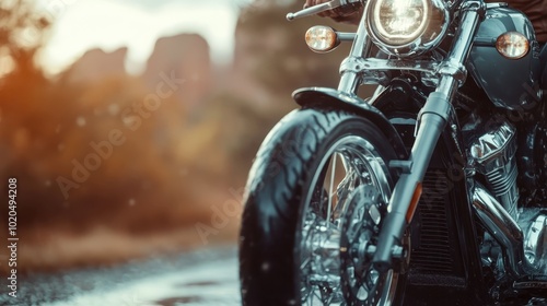 A shiny chrome motorcycle stands on a rain-soaked road, contrasting with a scenic blurred background of trees and rocks, giving off a sense of freedom and adventure. photo