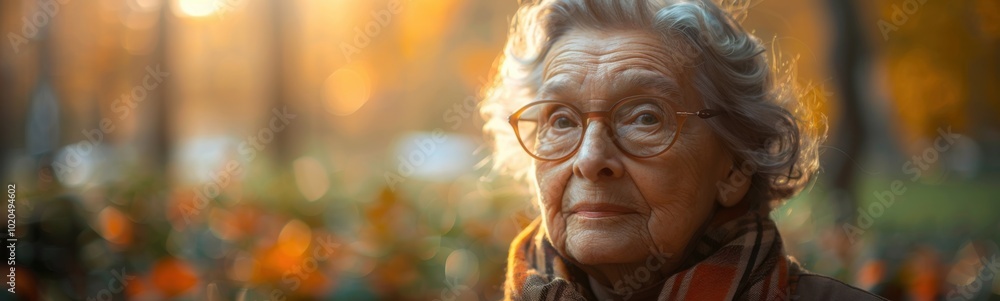 Elderly woman with glasses and scarf looking at camera in park Elderly woman with glasses and scarf looking at camera in park