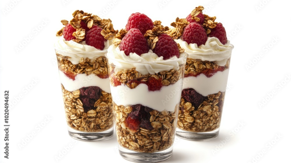 Kid-friendly yogurt parfaits with layers of fruit, granola, and nuts on a clean white background. Copy space included Kid-friendly yogurt parfaits with layers of fruit, granola, and nuts on a clean white background. Copy space included
