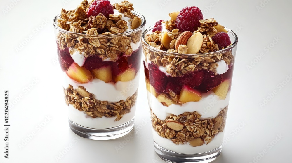 Kid-friendly yogurt parfaits with layers of fruit, granola, and nuts on a clean white background. Copy space included Kid-friendly yogurt parfaits with layers of fruit, granola, and nuts on a clean white background. Copy space included