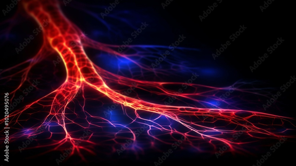 Illustration of glowing red nerve lines from feet on a dark background, symbolizing diabetic neuropathy and nerve damage. Illustration of glowing red nerve lines from feet on a dark background, symbolizing diabetic neuropathy and nerve damage.