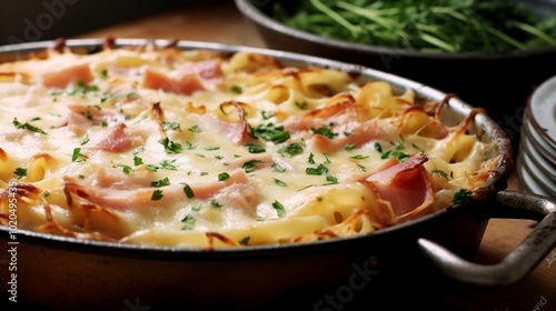 Close-up of a delicious ham and cheese noodle casserole in a pan, highlighting pasta and ham on a dining table.