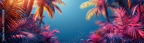 Tropical palm trees in a colorful jungle with bright pink and blue, travel concept, banner, copy space
