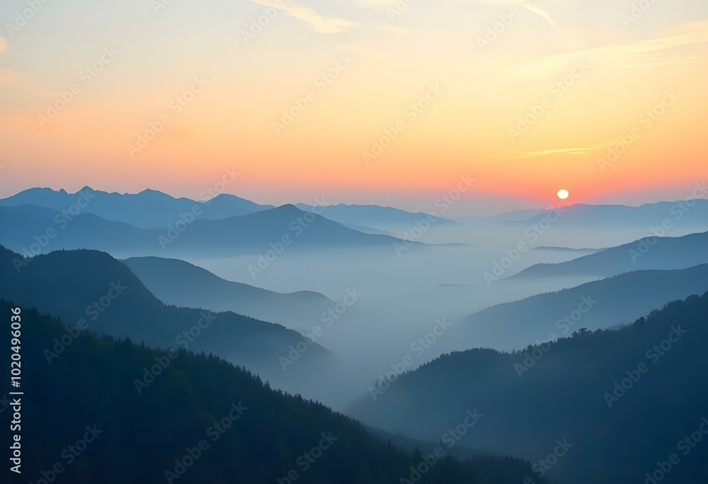 Sunrise Over Mountain Hill Shrouded in Fog and Sea Clouds Misty Morning Sunrise Over Mountain Hill Shrouded in Fog and Sea Clouds Misty Morning