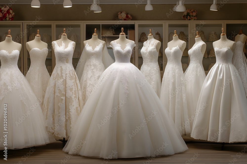 Bridal gowns, each meticulously crafted with fine lace and embellishments. The mannequins display the gowns in a bridal boutique. Bridal gowns, each meticulously crafted with fine lace and embellishments. The mannequins display the gowns in a bridal boutique.