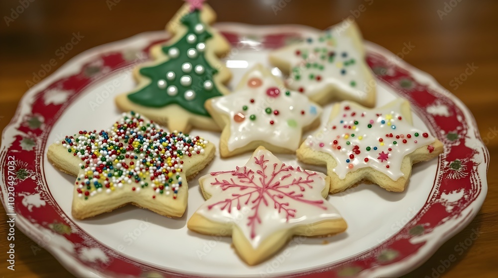 Festive Christmas Cookies with Colorful Icing and Sprinkles Arranged on a Plate Festive Christmas Cookies with Colorful Icing and Sprinkles Arranged on a Plate