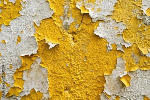 Flaking yellow and white textured wall paint seen from a low angle