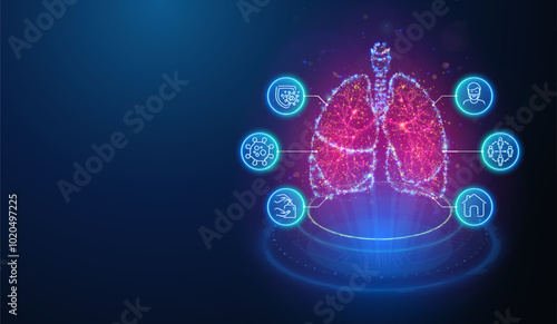 Abstract illustration of human lungs made of neon particles with line art icons. Blue geometric background depicting human pulmonary system healthcare medical concept