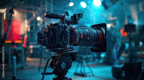 A video camera is placed on a sturdy tripod in a dimly lit room