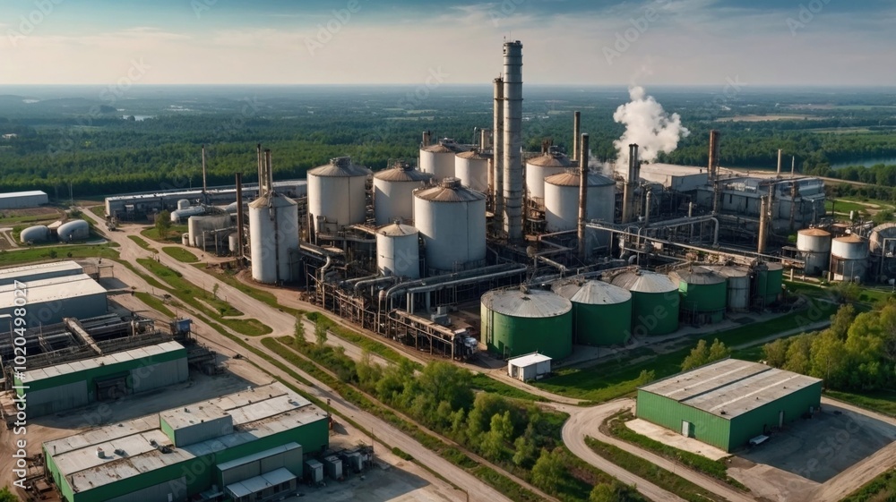 Obraz premium Aerial view of a large industrial plant with smoke from chimneys
