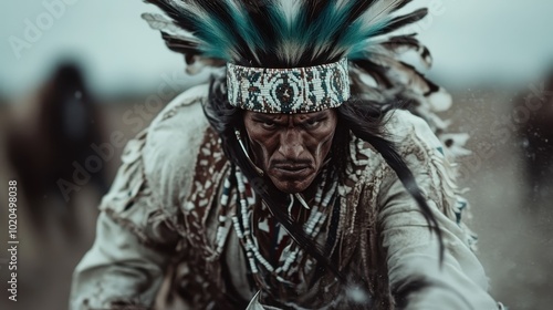 A fierce warrior charges forward, wearing a detailed headdress. His intense gaze and movement exude strength and determination in a dramatic scene. photo