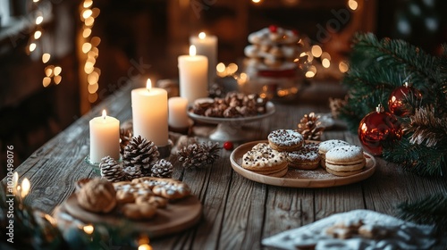 Rustic wood table with Christmas treats, candles, and ornaments leaving room for text