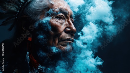 An elder with a ceremonial headpiece is enveloped in blue smoke, evoking themes of mystery, spirituality, and a connection to ancestral traditions.