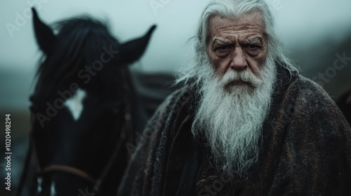 A bearded man with a weathered face stands next to a horse in a rugged, rainy landscape. His expression suggests solitude and resoluteness amidst the elements.