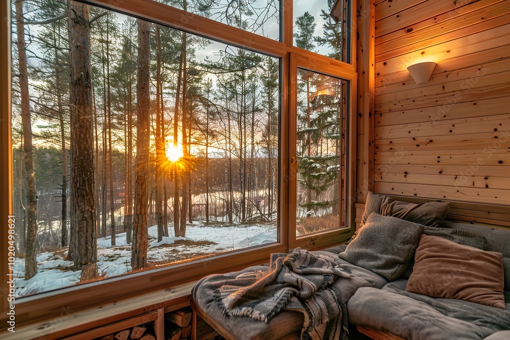 Fototapeta premium A couch with a wooden floor and a large window overlooking a forest. Generative AI