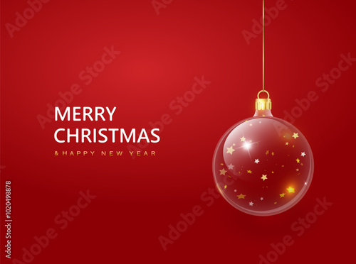Christmas decorations glass baubles transparent ball, hang on gold ribbon.Holiday Christmas ball objects