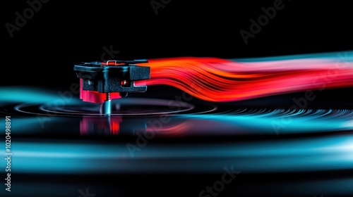 A record player's stylus traces the grooves of a vinyl, highlighted by vibrant streaming colors, symbolizing music's dynamic flow and vintage appeal. photo