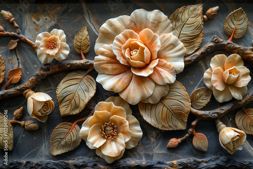 Elegant floral bas relief on textured wall created with generative AI technology photo