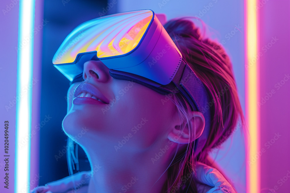 Fashion model person wearing futuristic shiny glamorous VR goggles watching cyberpunk video, Generative AI Fashion model person wearing futuristic shiny glamorous VR goggles watching cyberpunk video, Generative AI