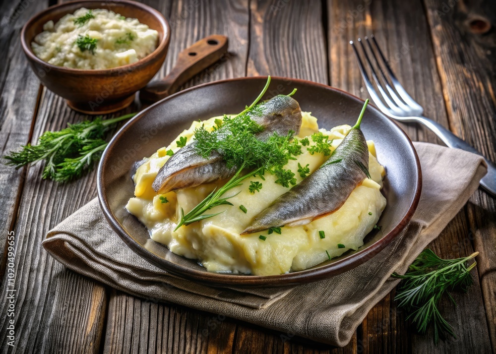 Delicate herring served with potatoes and dill, beautifully captured in low light photography, highlighting intricate textures and rich colors that enhance the culinary experience. Delicate herring served with potatoes and dill, beautifully captured in low light photography, highlighting intricate textures and rich colors that enhance the culinary experience.