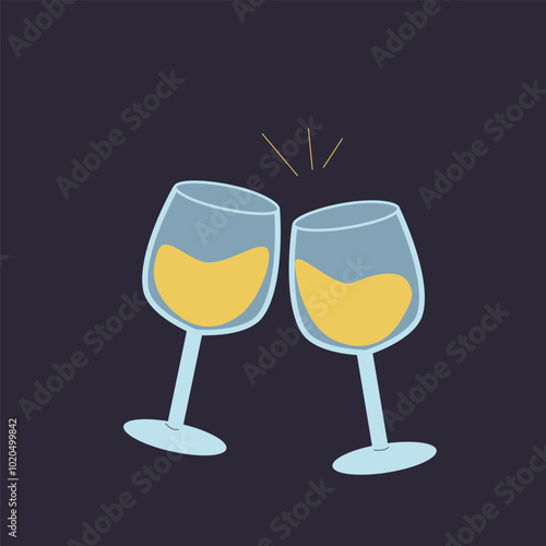 Hand drawn vector illustration of pair glasses with champagne. Flat design.