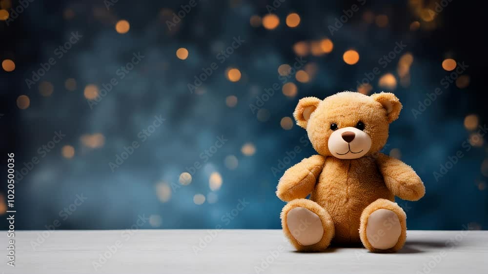 A brown teddy bear in front of a golden starry background, giving a feeling of warmth and comfort. A brown teddy bear in front of a golden starry background, giving a feeling of warmth and comfort.