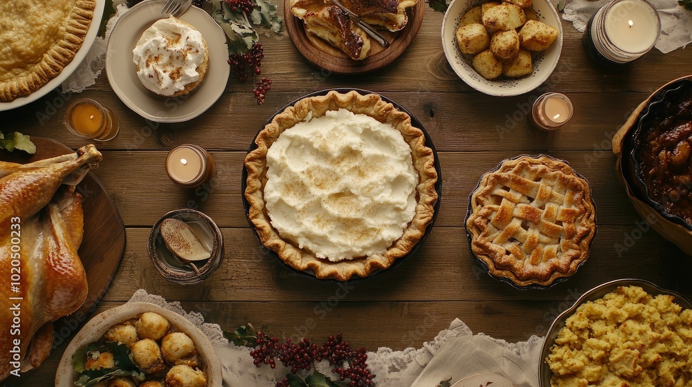 Fototapeta premium Top view of a festive Thanksgiving spread with pies, turkey, and mashed potatoes. Plenty of copy space for greetings