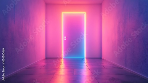 A white door with neon light frame in an empty hallway.