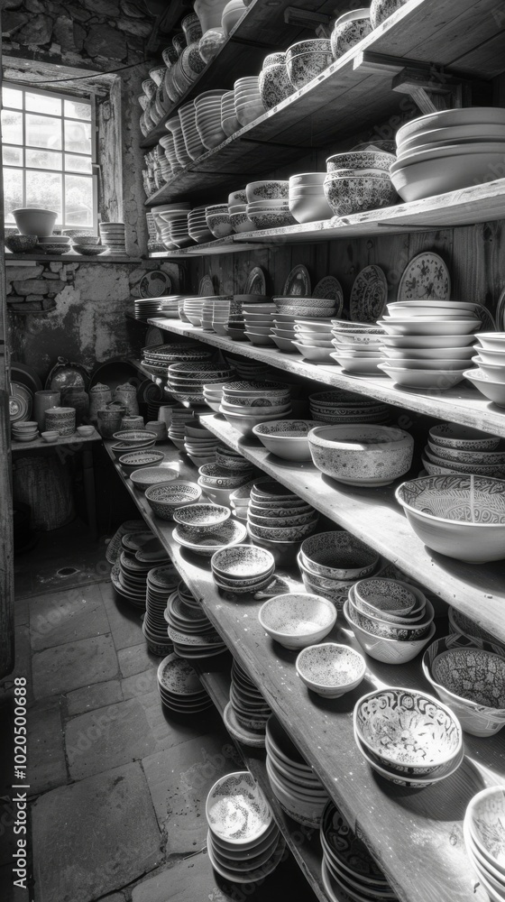 Shelves of plates and bowls are stacked on a shelf in a room Shelves of plates and bowls are stacked on a shelf in a room
