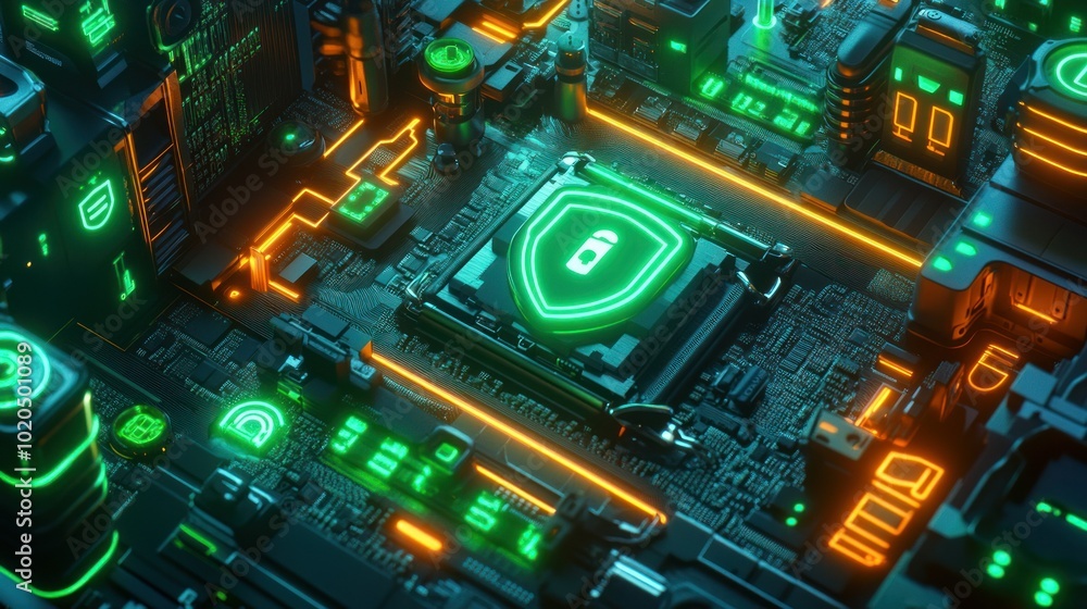 Green glowing security shield icon on a futuristic circuit board.